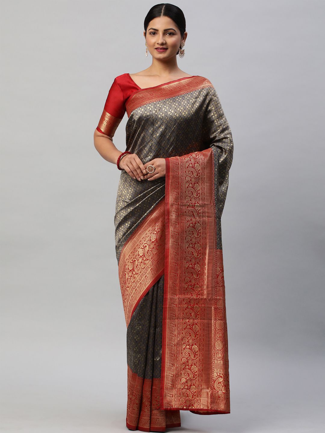 

KALINI Woven Design Zari Silk Blend Kanjeevaram Saree, Navy blue