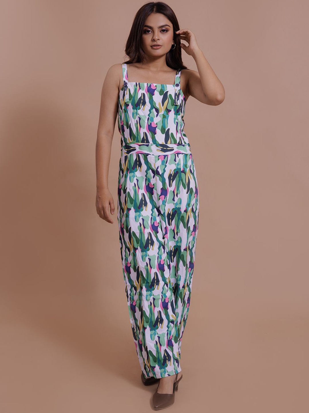 

SHINISHA Printed Square Neck Top With Trousers Co-Ords, Green