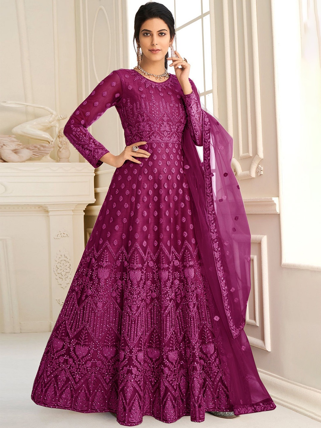 

Aika Embellished Embroidered Net Fit & Flare Maxi Dress, Multi