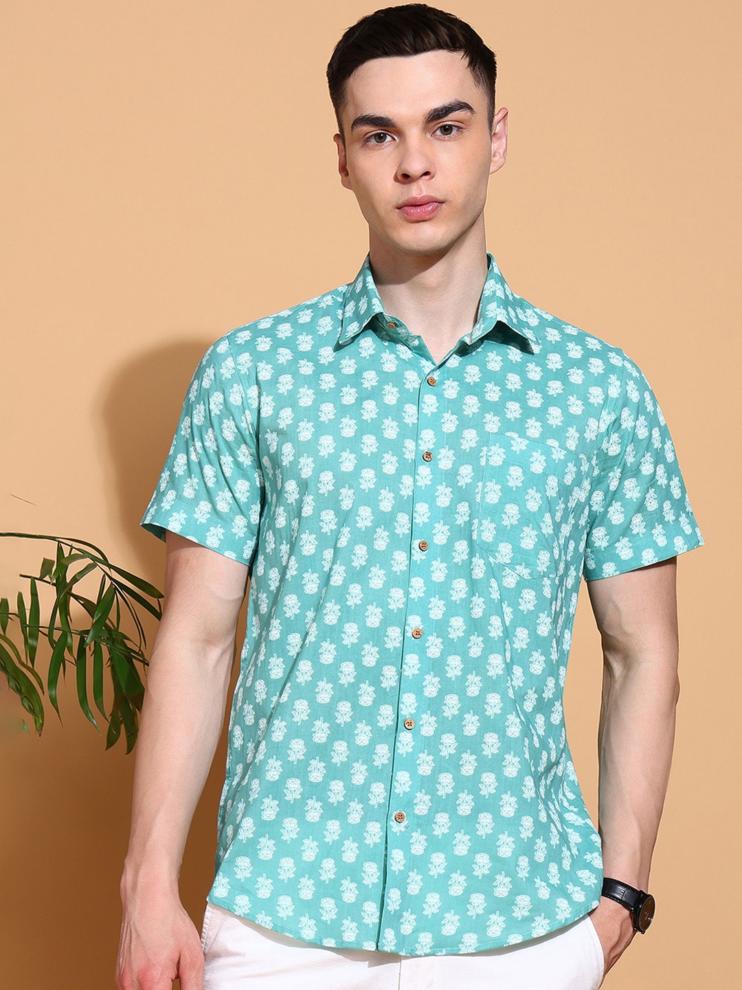 

Anouk Men Slim Fit Floral Opaque Printed Casual Shirt, Green