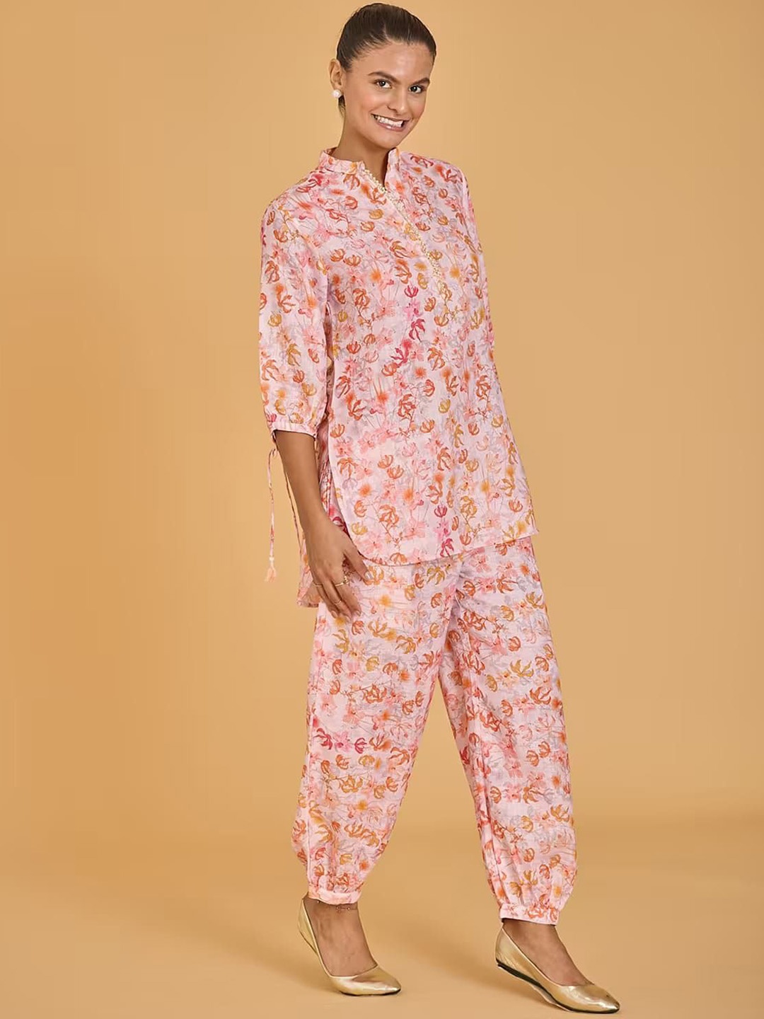 

Urban Sundari Pure Cotton Printed Tunic With Trousers Co-Ords, Peach