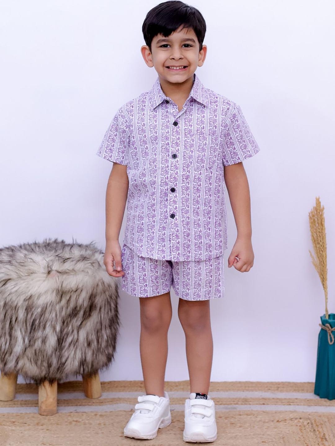 

UNBIND Boys Printed Pure Cotton Shirt With Shorts Clothing Set, Purple