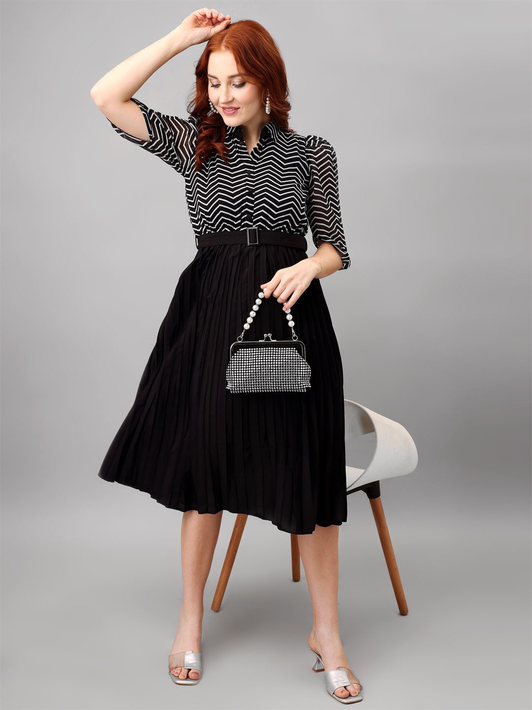 

Raiyani Fashion Striped Applique Georgette Fit & Flare Midi Dress, Black