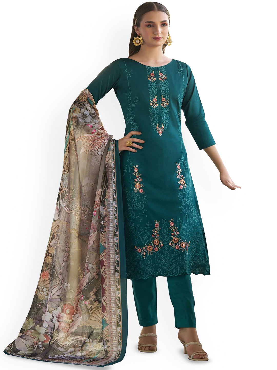 

DRAVINAM Trends Embroidered Pure Cotton Unstitched Dress Material, Blue