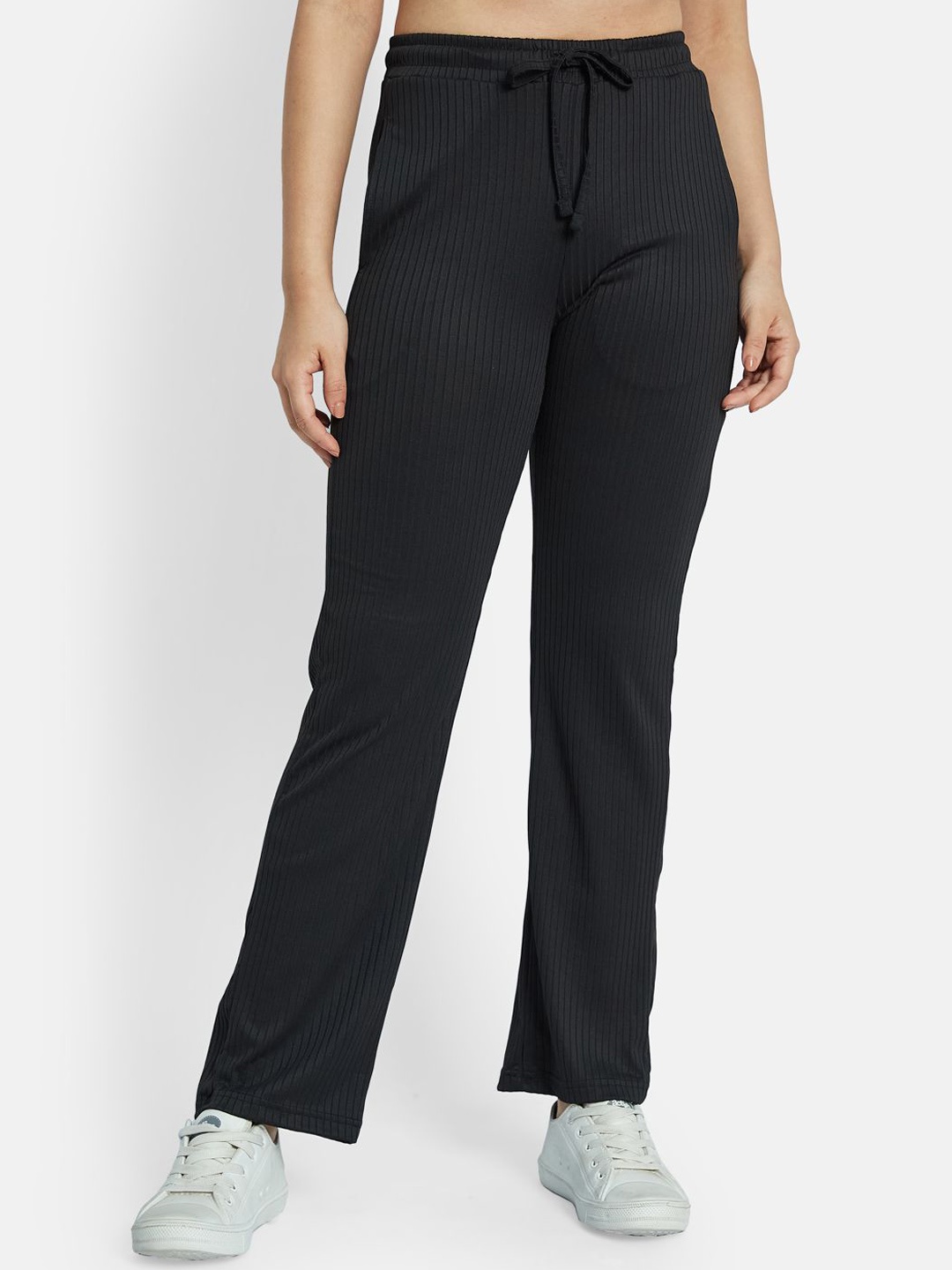 

METTLE Women Striped Cotton Track Pants, Black