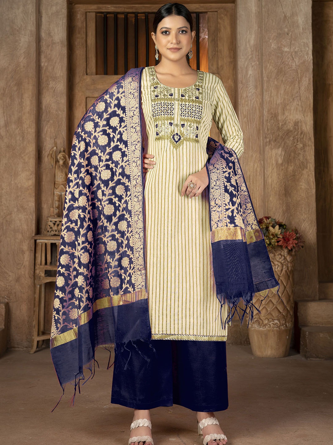 

SAINOOR Embroidered Pure Cotton Semi-Stitched Dress Material, Beige