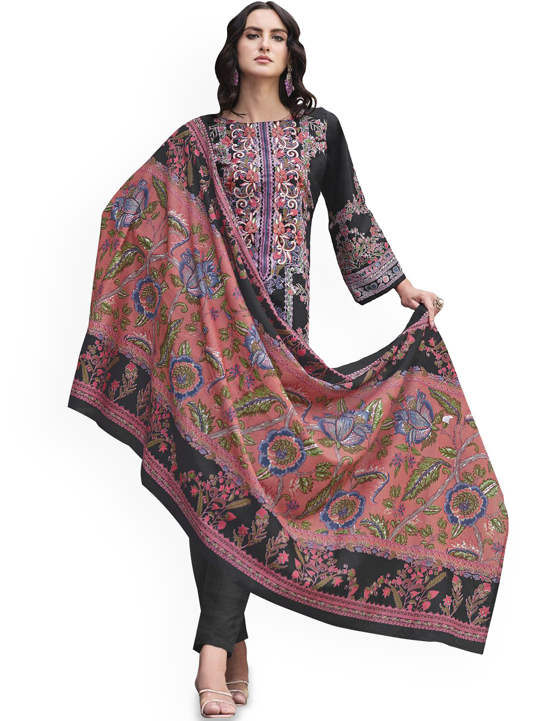 

DRAVINAM Trends Embroidered Pure Cotton Unstitched Dress Material, Black