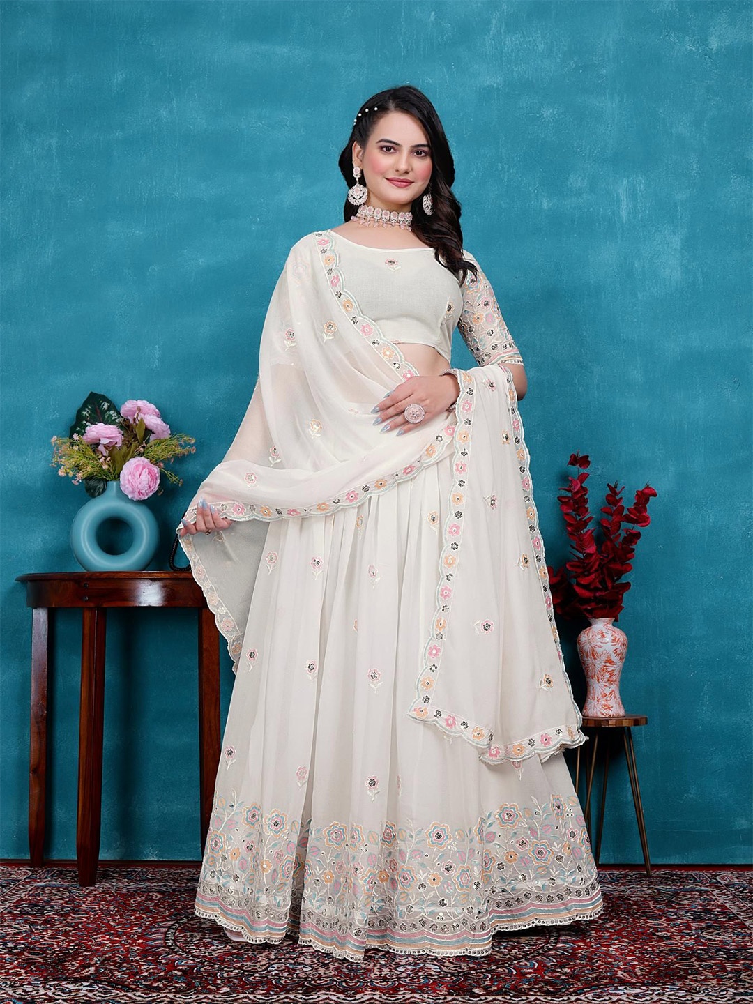 

HERE&NOW Embroidered Sequinned Ready to Wear Lehenga & Unstitched Blouse With Dupatta, White