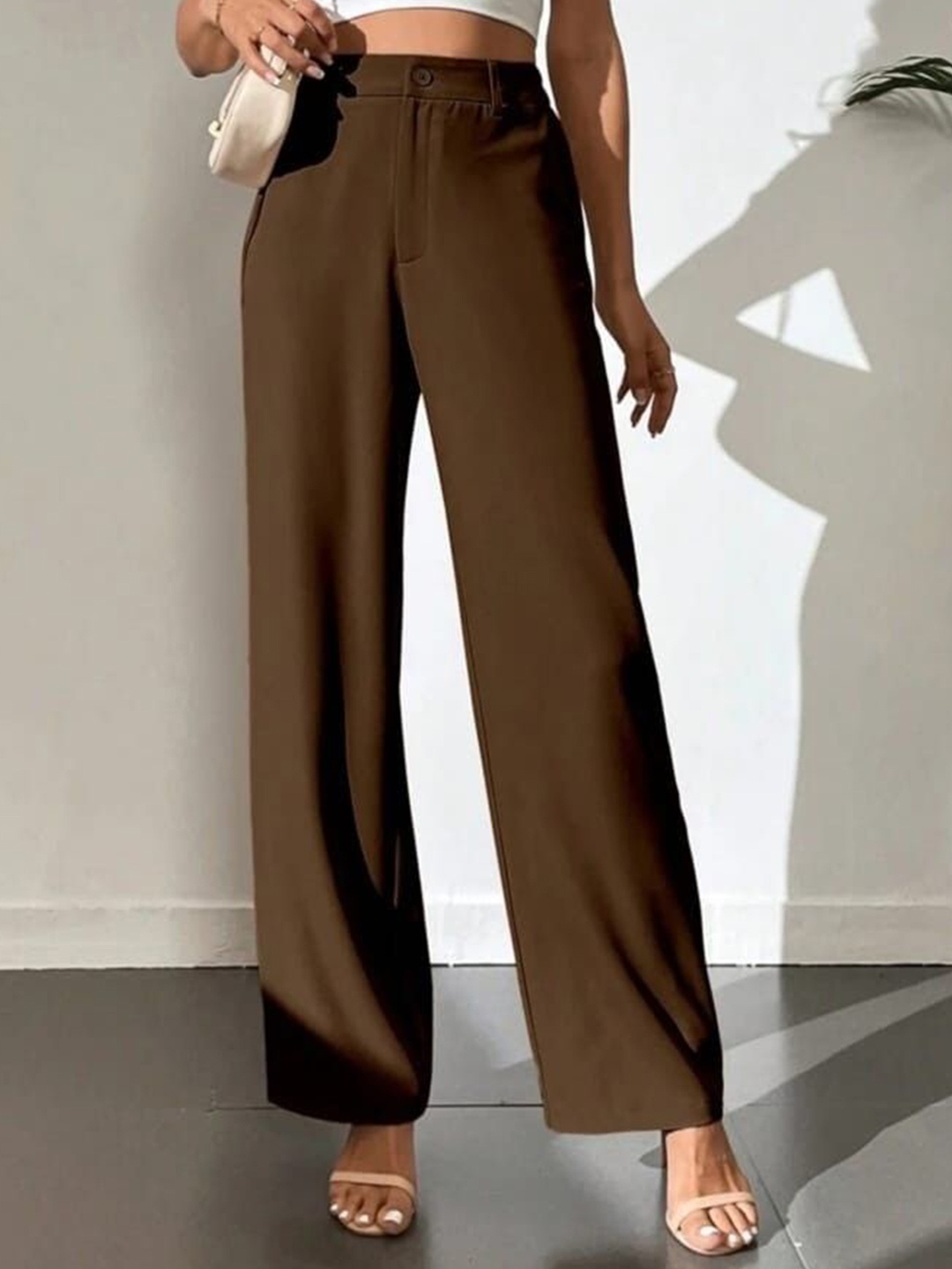 

BROADSTAR Women Smart Straight Fit High-Rise Easy Wash Trousers, Coffee brown