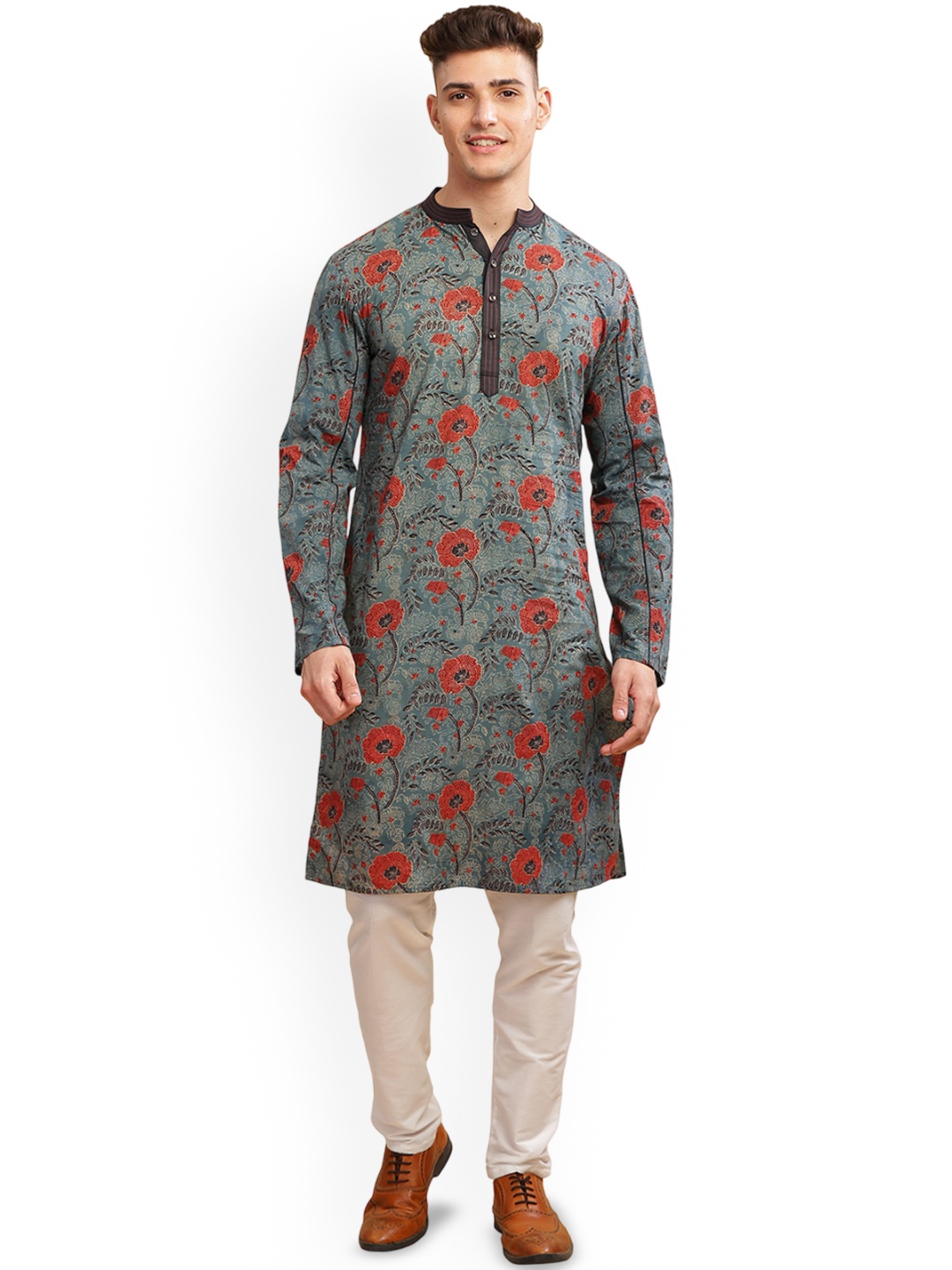

Arch element Men Floral Printed Mirror Work Kurta, Brown