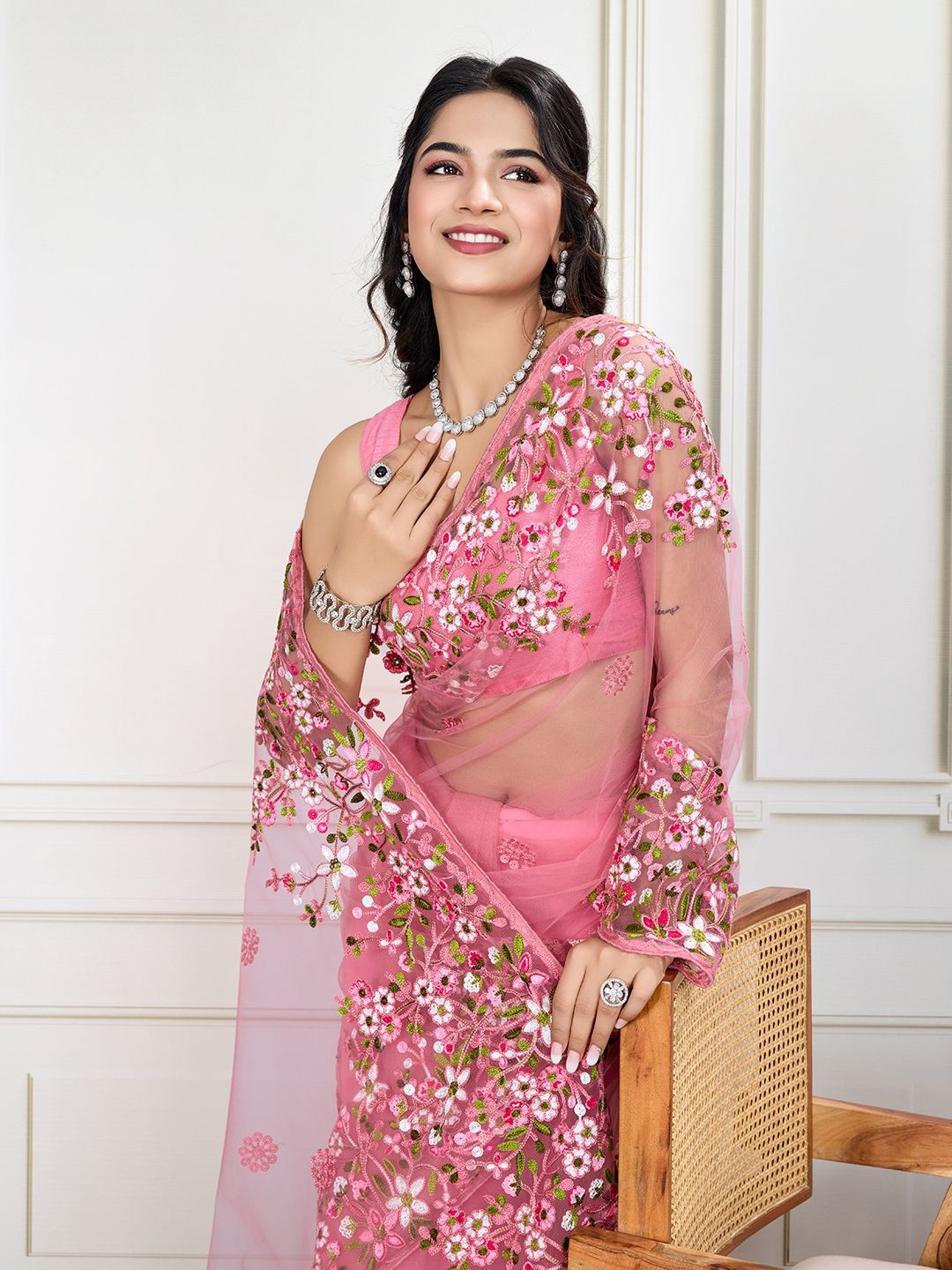 

House of Pataudi Embroidered Work Saree With Blouse Piece, Pink