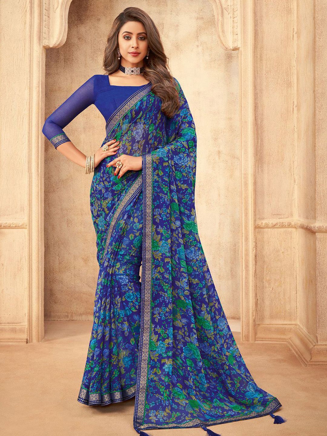 

DIVASTRI Floral Zari Pure Chiffon Saree, Blue