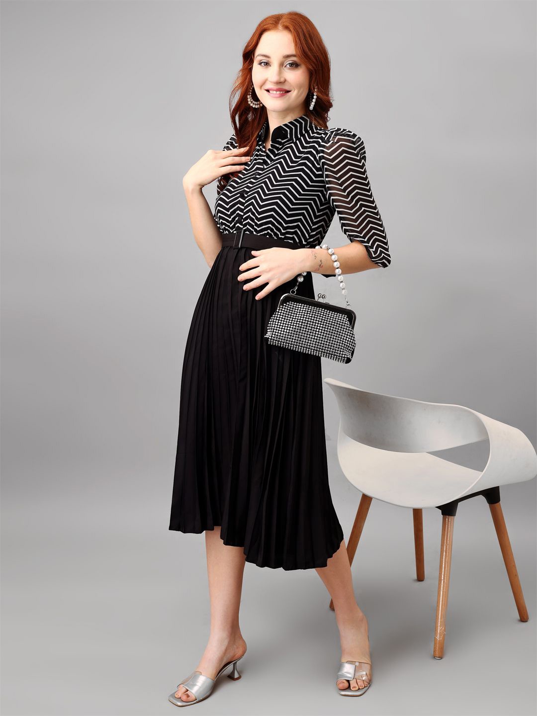 

Raiyani Fashion Striped Applique Georgette Fit & Flare Midi Dress, Black