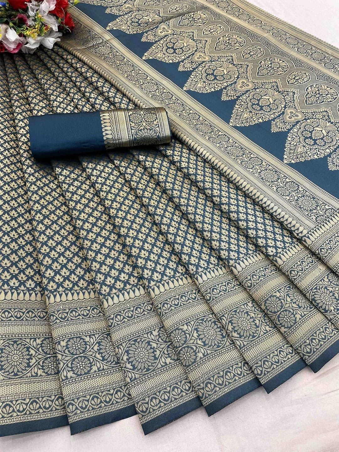 

KALINI Woven Design Zari Silk Blend Banarasi Saree, Teal