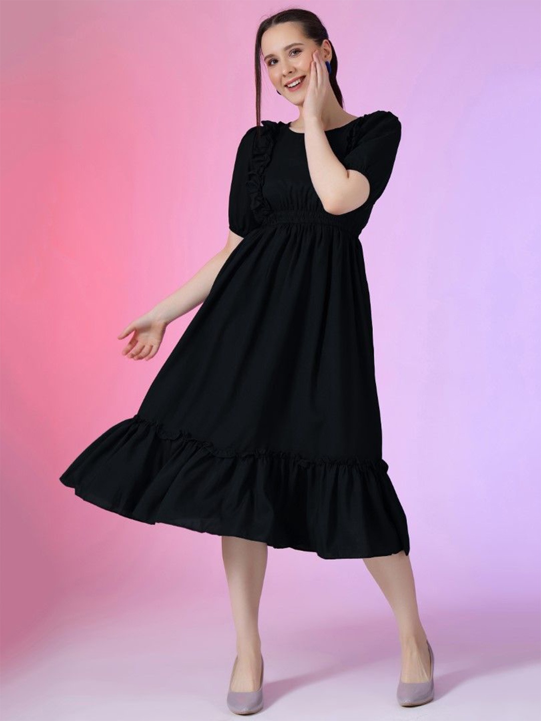 

Jash Creation Puff Sleeve Applique Fit & Flare Dress, Black