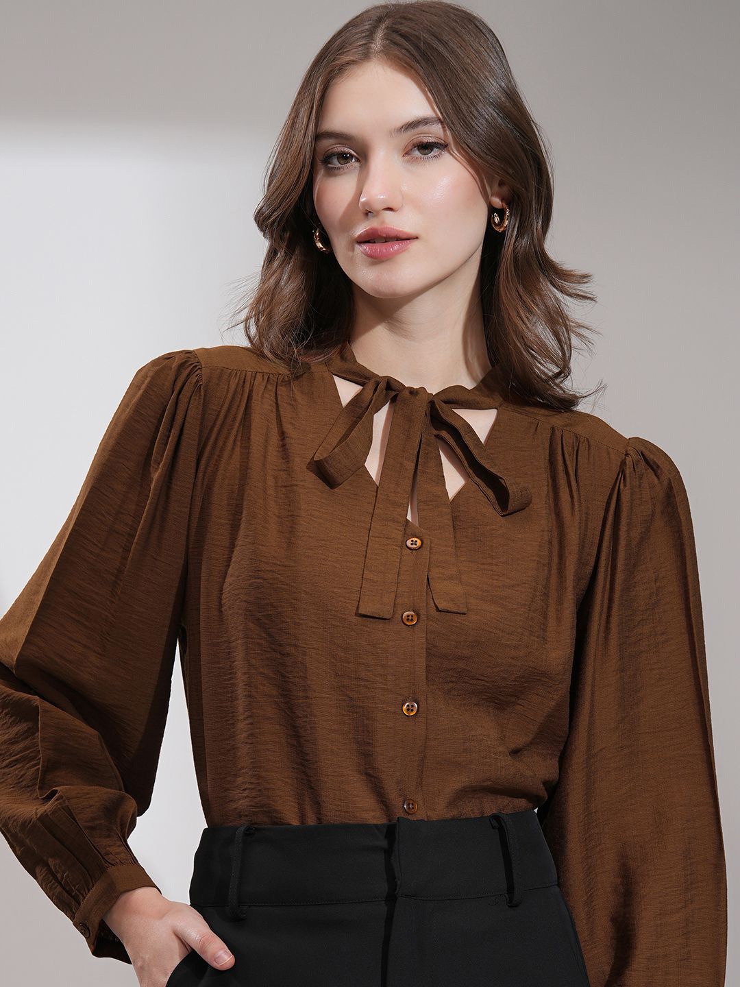 

CHIC BY TOKYO TALKIES Bishop Sleeves Shirt Style Top, Brown