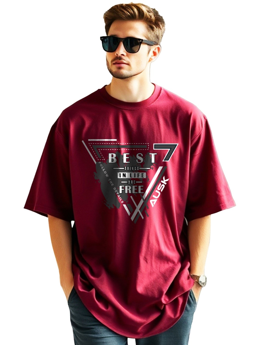 

AUSK Men Printed Applique T-shirt, Maroon