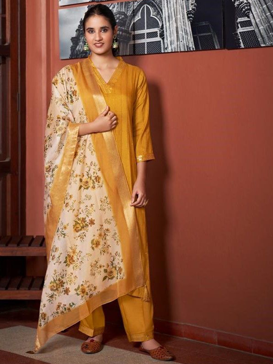 

Colors of Earth Women Striped Regular Kurta with Trousers & With Dupatta, Mustard