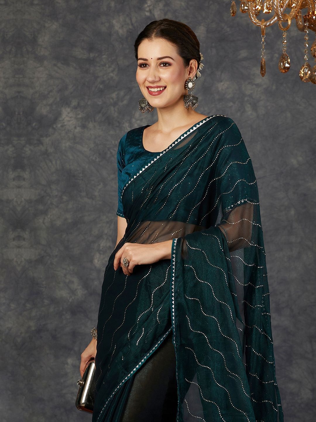 

DIVASTRI Beads and Stones Pure Chiffon Maheshwari Saree, Blue