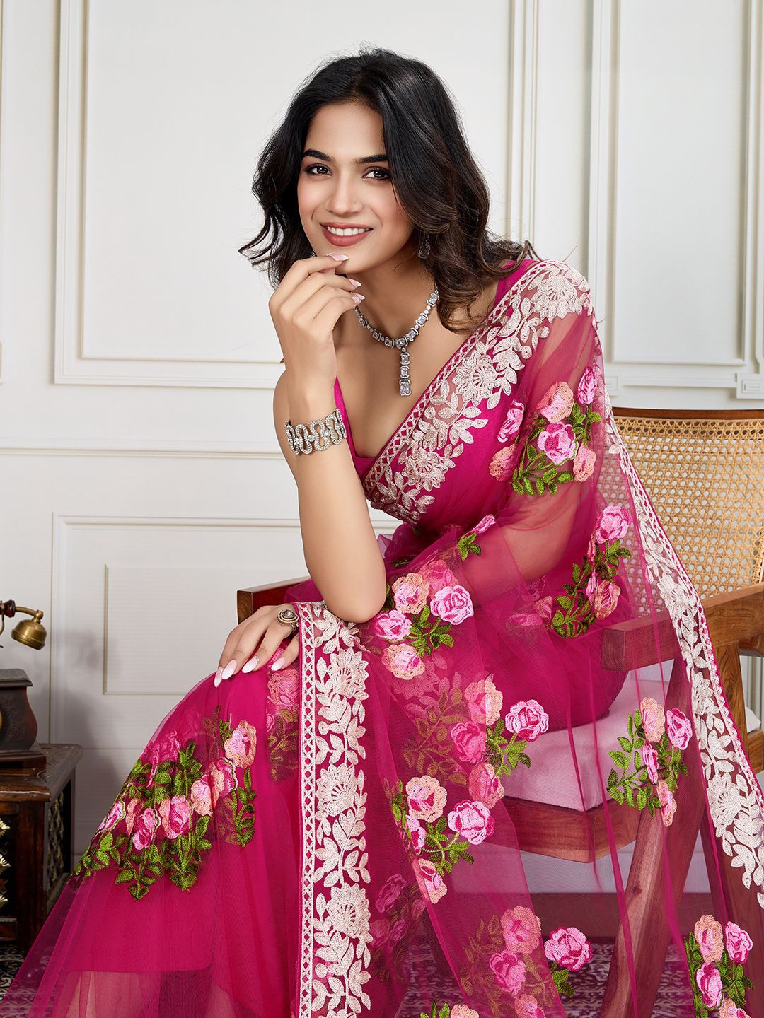 

House of Pataudi Embroidered Work Saree With Blouse Piece, Pink