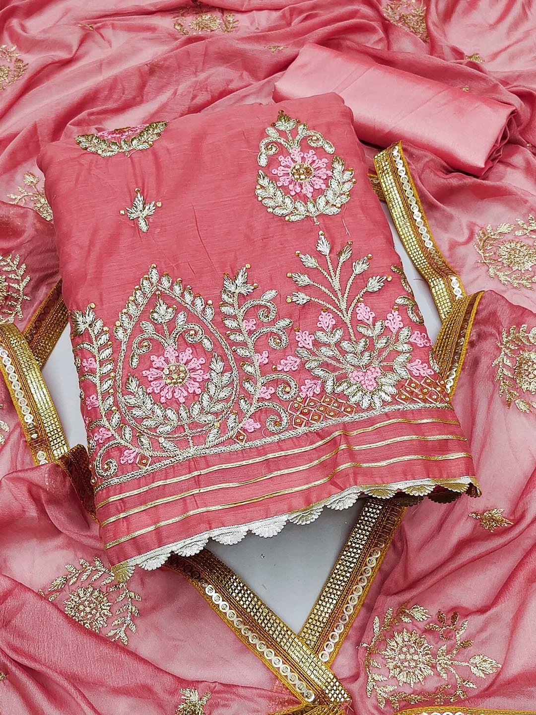 

SAINOOR Embroidered Semi-Stitched Dress Material, Pink