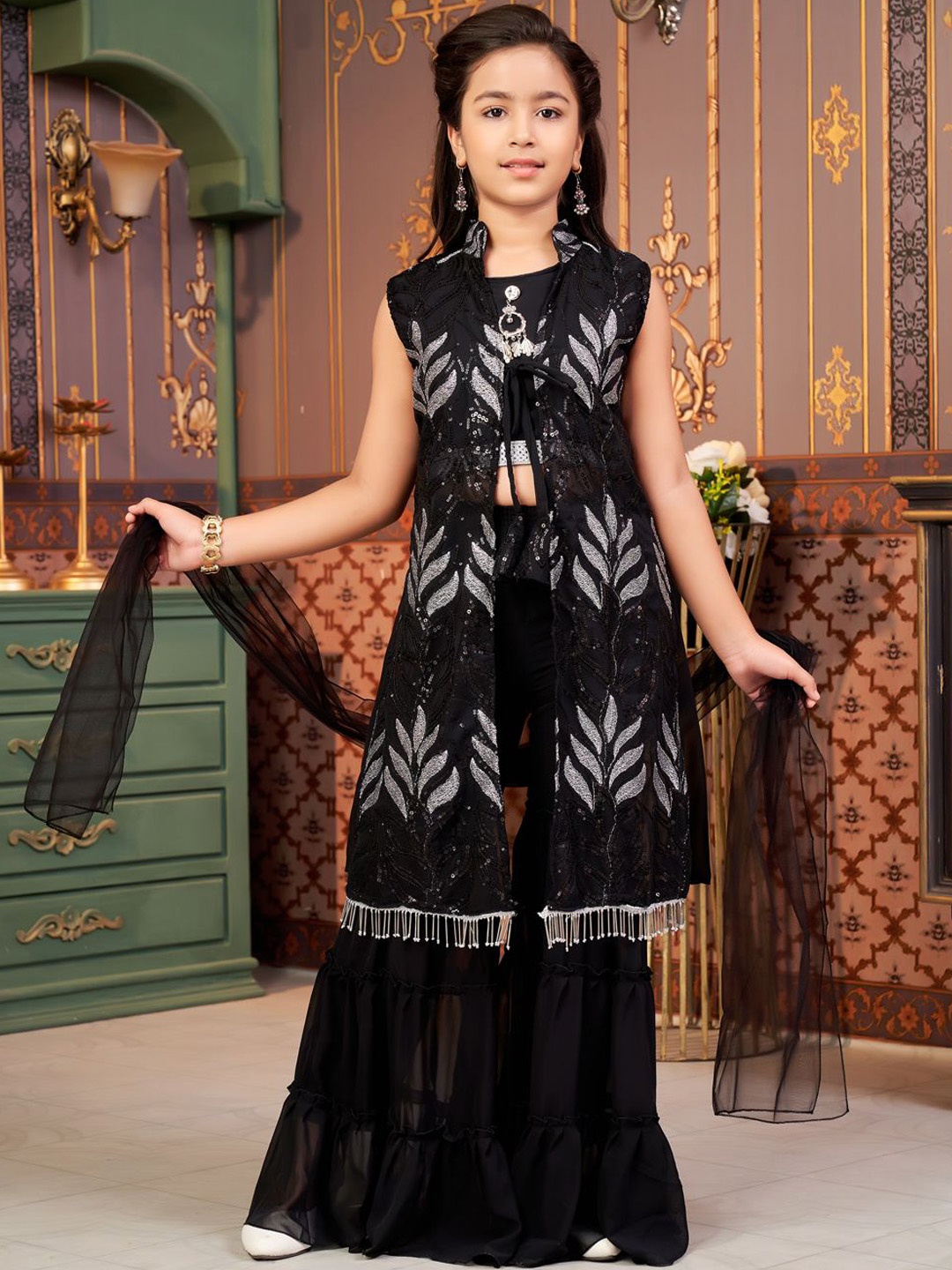 

Aarika Girls Embroidered Regular Sequinned Top with Sharara & With Dupatta, Black