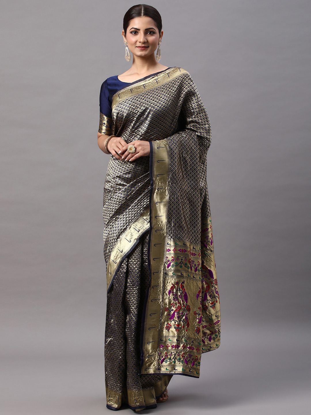 

KALINI Woven Design Zari Silk Blend Kanjeevaram Saree, Navy blue