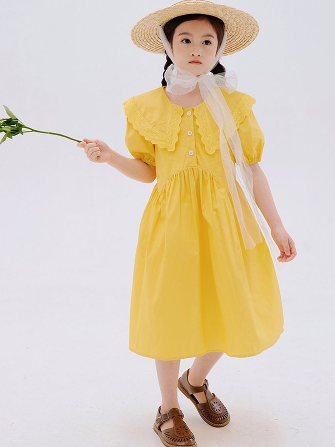 

LULU & SKY Puff Sleeve A-Line Midi Dress, Yellow