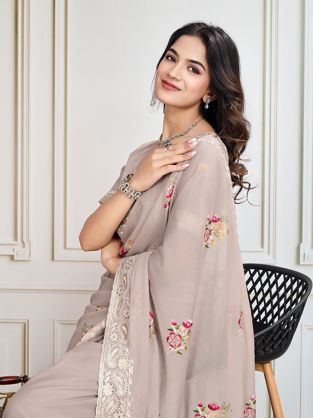 

House of Pataudi Embroidered Work Saree With Blouse Piece, Grey