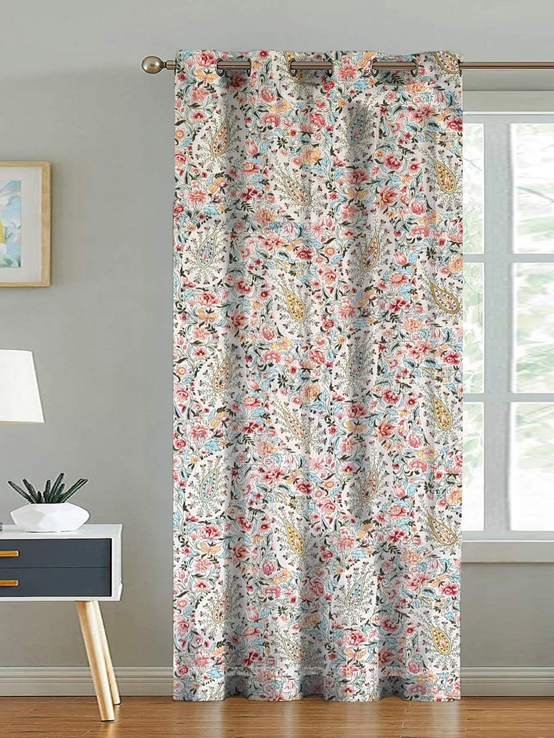 

ANA White & Pink Floral Room Darkening Long Door Curtain