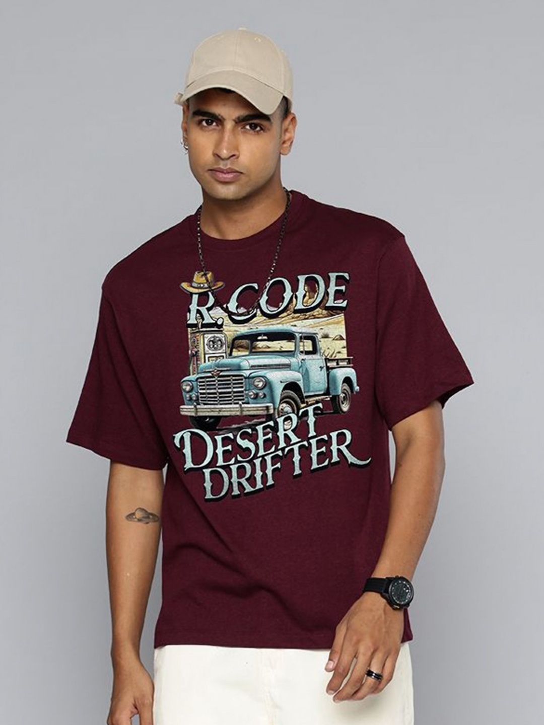 

R.Code by The Roadster Life Co. Men Printed Applique T-shirt, Burgundy