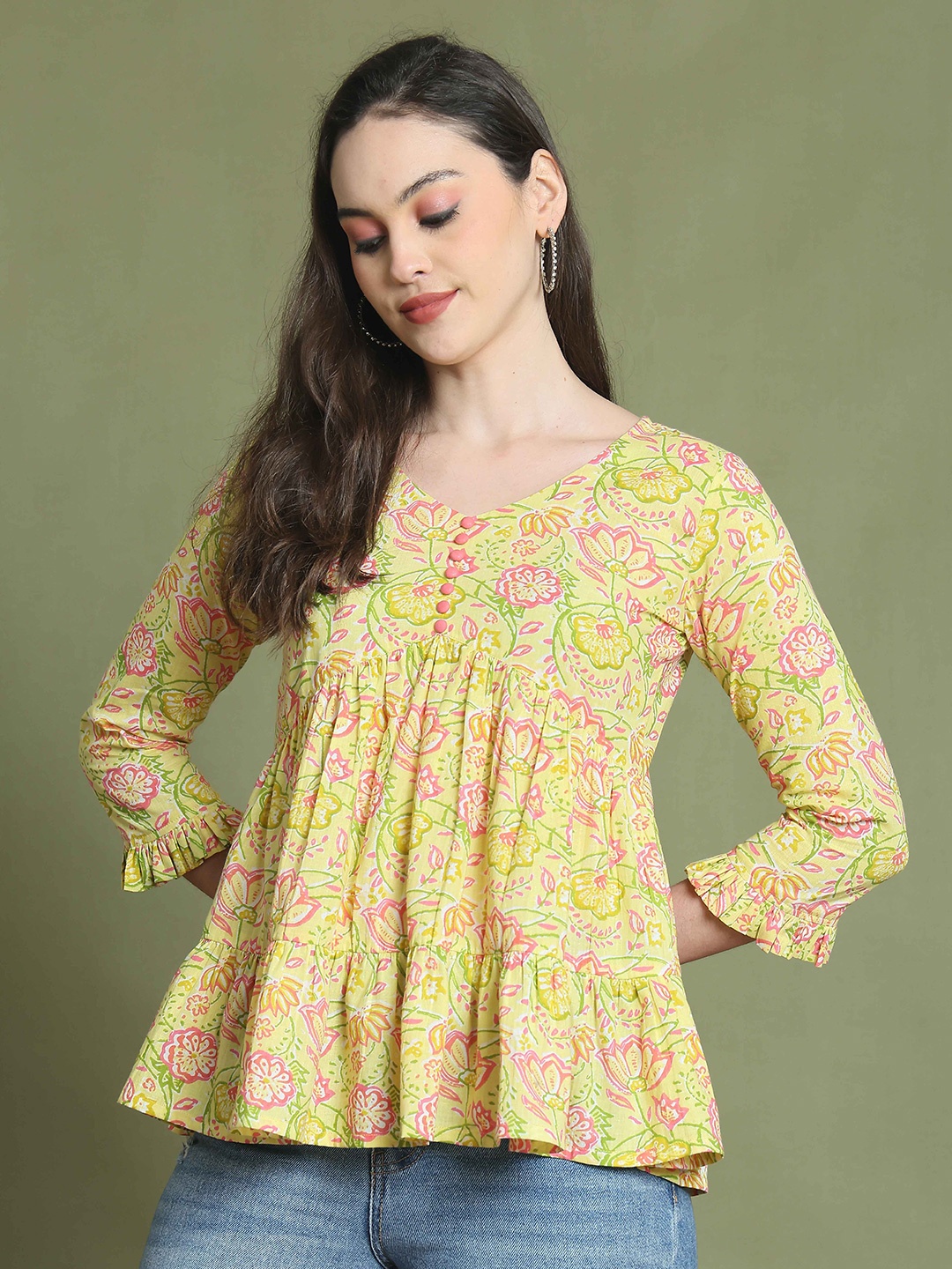 

Rajnandini Floral Print Cotton Peplum Crop Top, Yellow