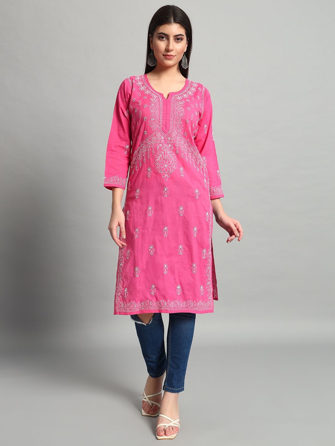 

Fashionable Chikan Handikraft Embroidered Pure Cotton Straight Kurta, Magenta