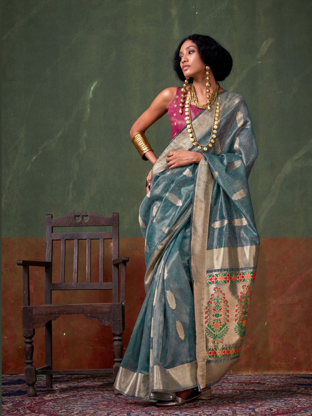 

PEENGAX Woven Design Zari Tissue Banarasi Saree, Blue