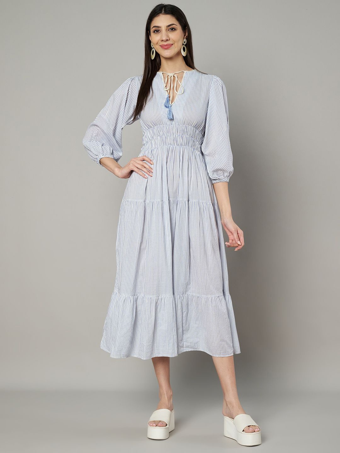

Amagyaa Bohemian Striped Tie-Up Neck Puff Sleeve Fit & Flare Maxi Dress, Blue