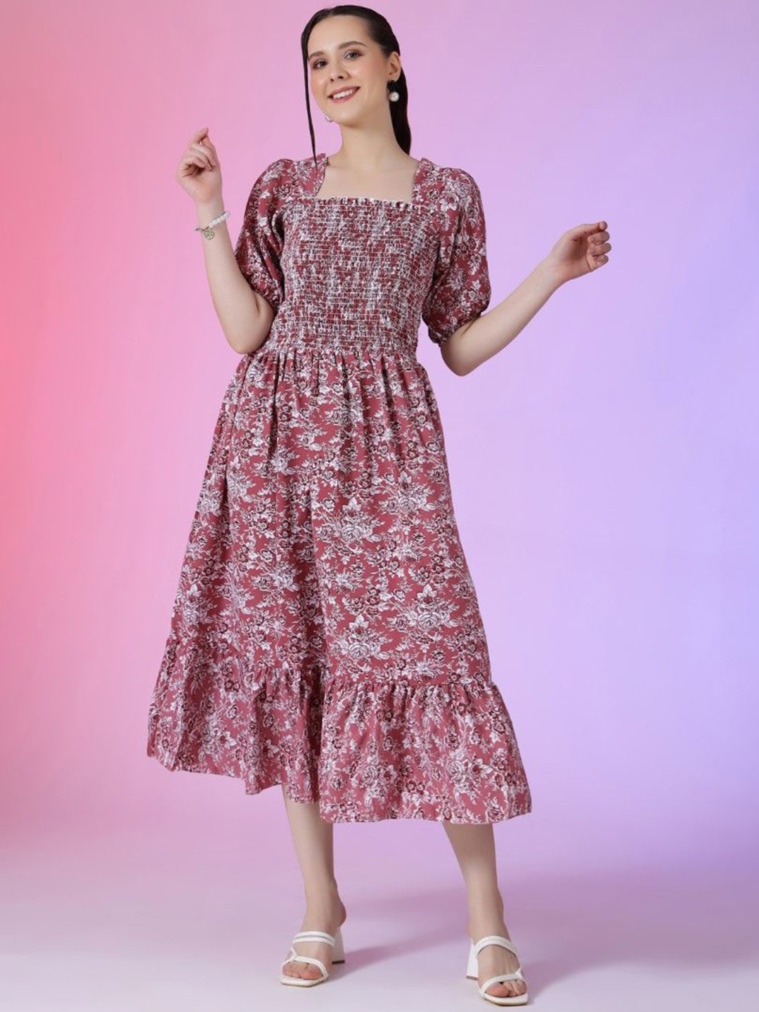 

Jash Creation Print Puff Sleeve Applique Fit & Flare Dress, Pink