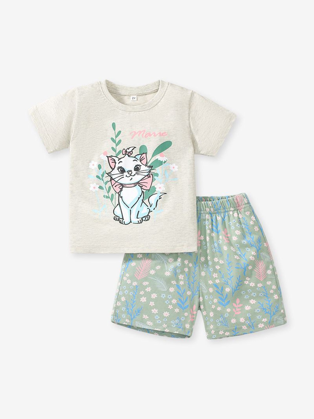 

YK Girls Printed T-shirt with Shorts, Grey melange