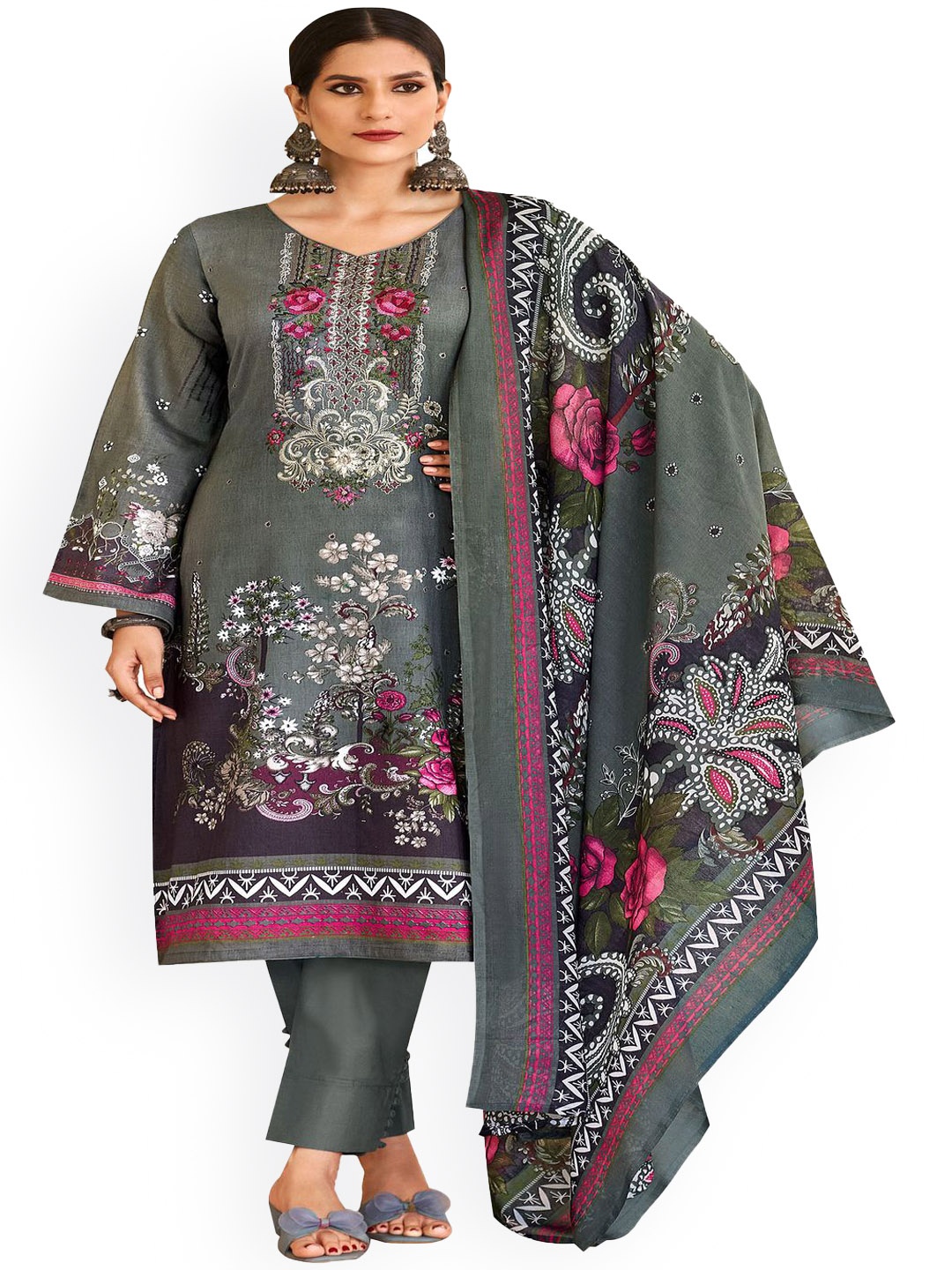 

DRAVINAM Trends Embroidered Pure Cotton Unstitched Dress Material, Grey