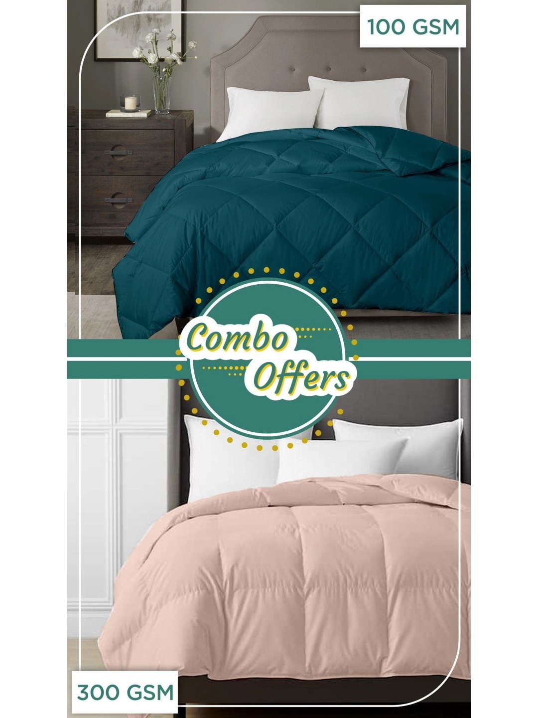 

RAZZAI Set of 2 300 GSM Double & 100 GSM Single Bed AC Room Comforters, Teal