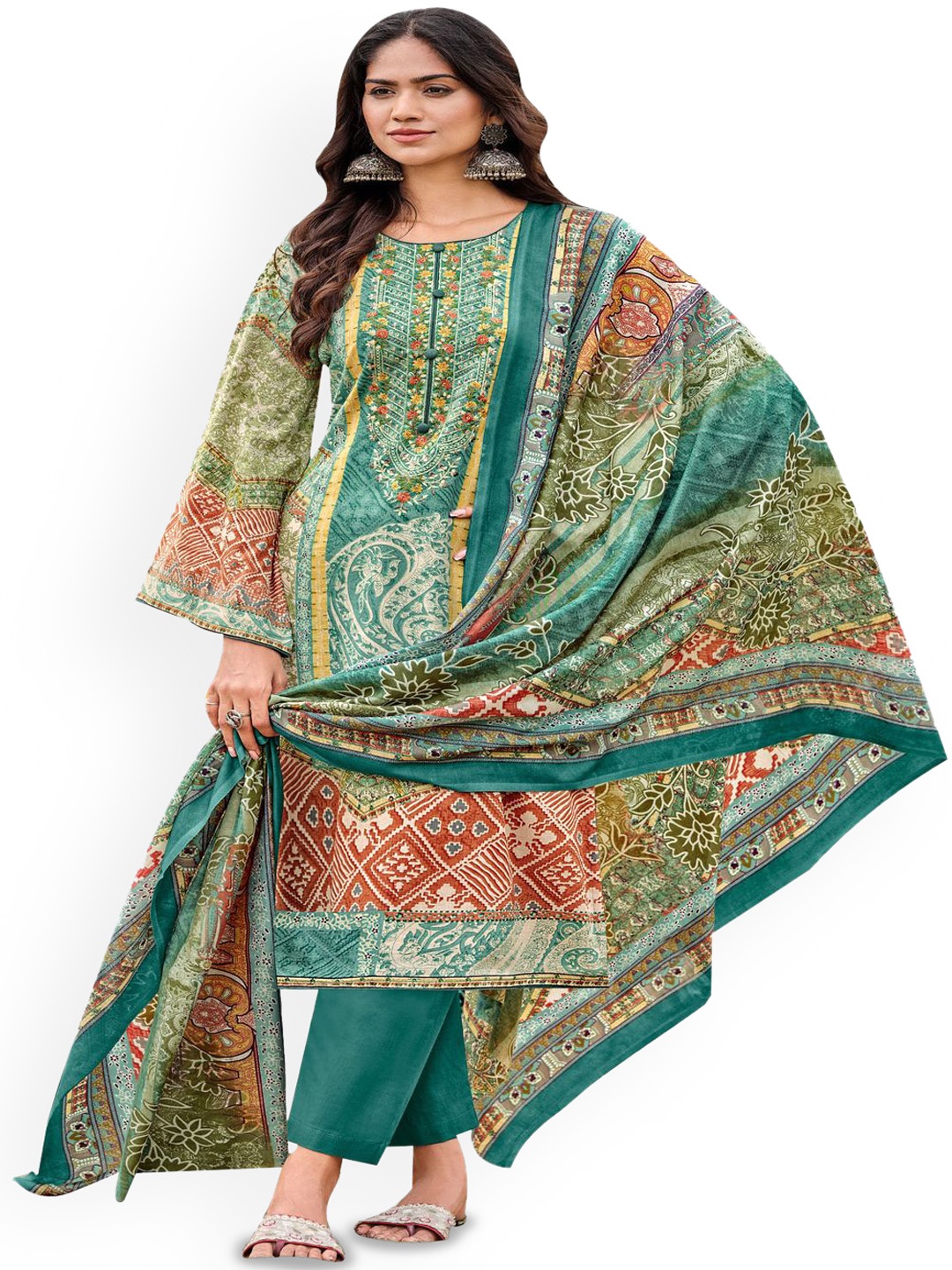 

DRAVINAM Trends Embroidered Pure Cotton Unstitched Dress Material, Green