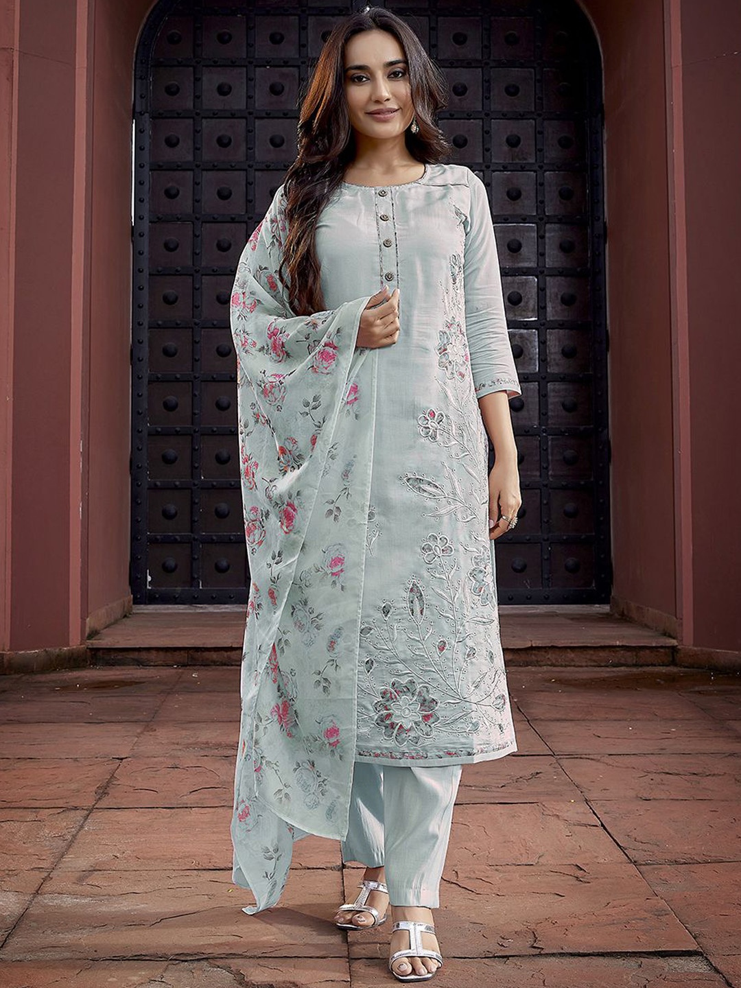 

HERE&NOW Floral Embroidered Thread Work Kurta With Trousers & Dupatta, Blue