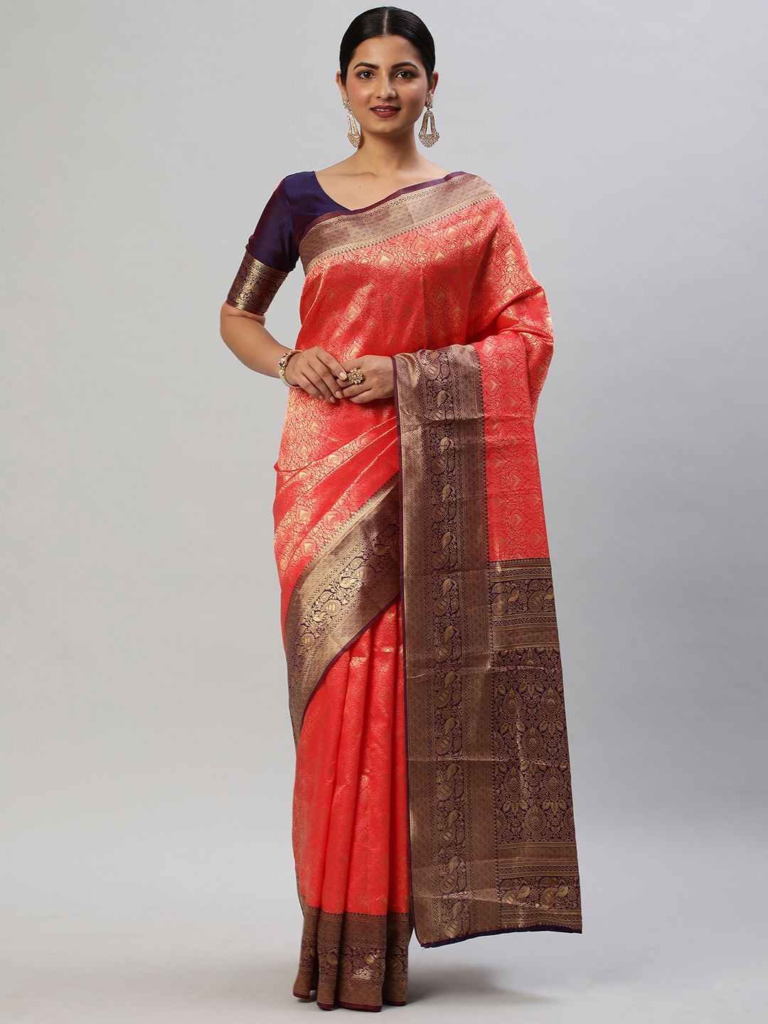 

KALINI Woven Design Zari Silk Blend Kanjeevaram Saree, Pink