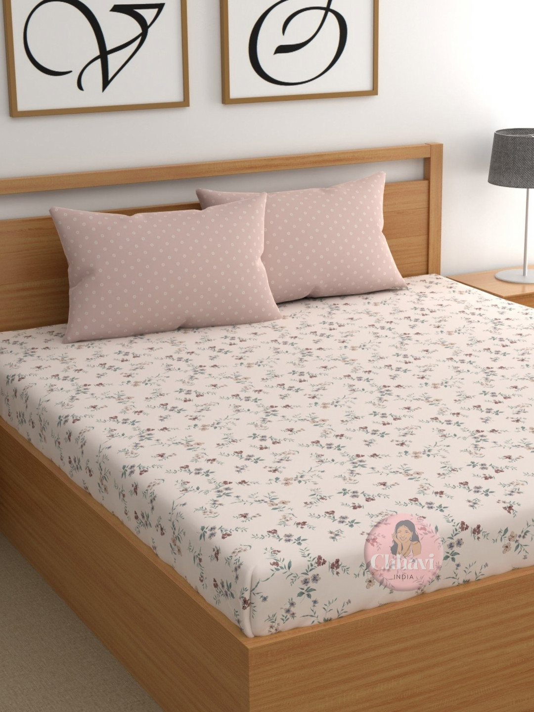 

CHHAVI INDIA Beige & Pink Floral 210 TC King Bedsheet with 2 Pillow Covers