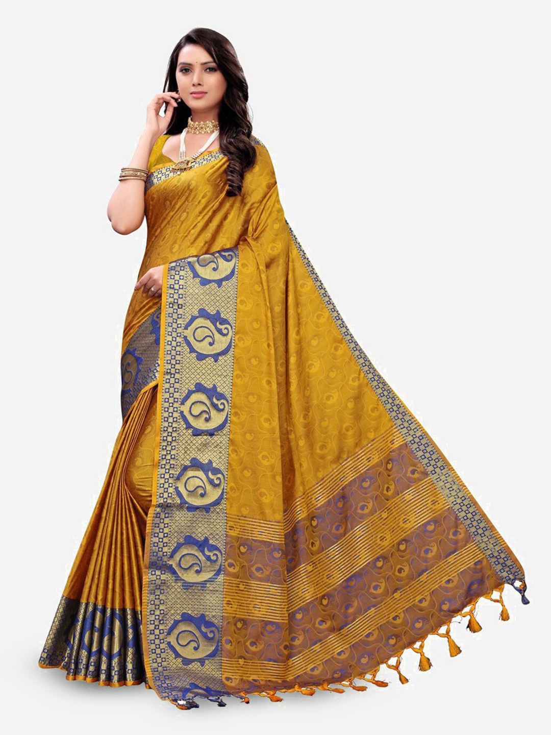 

DIVASTRI Woven Design Zari Silk Blend Saree, Mustard