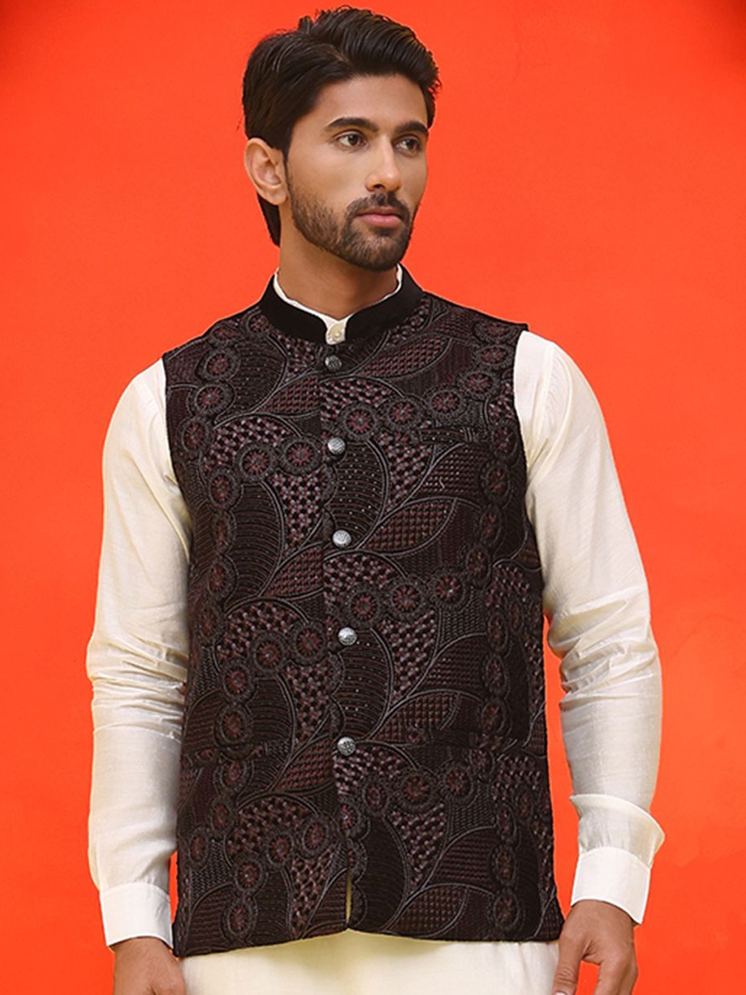 

Jompers Embroidered Mandarin Collar Nehrujacket, Black