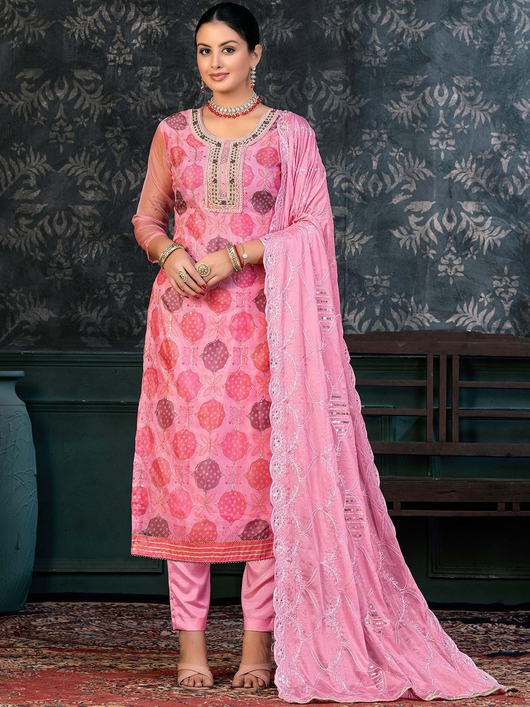 

SAINOOR Embellished Organza Semi-Stitched Dress Material, Pink