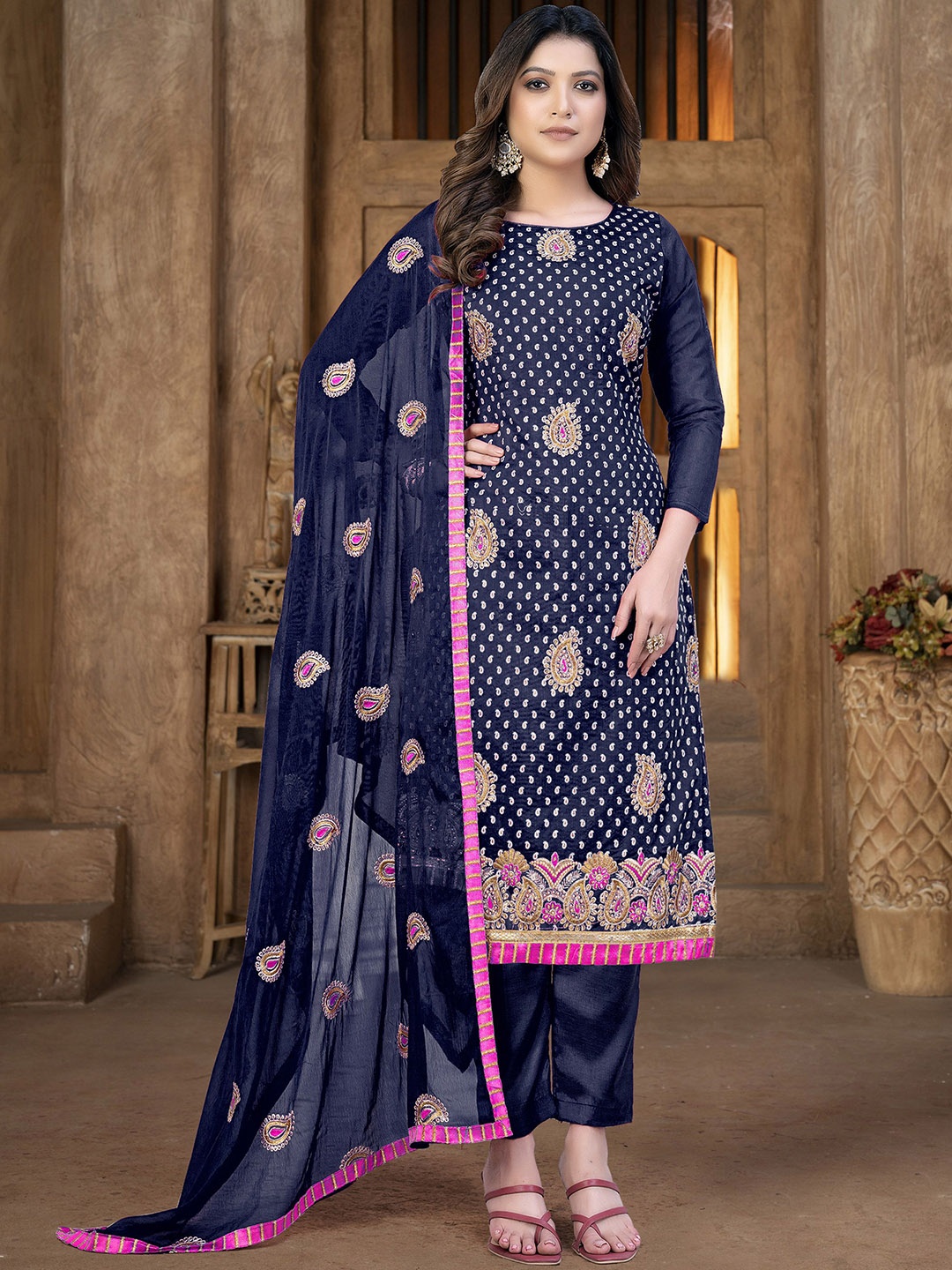 

SAINOOR Embroidered Semi-Stitched Dress Material, Blue