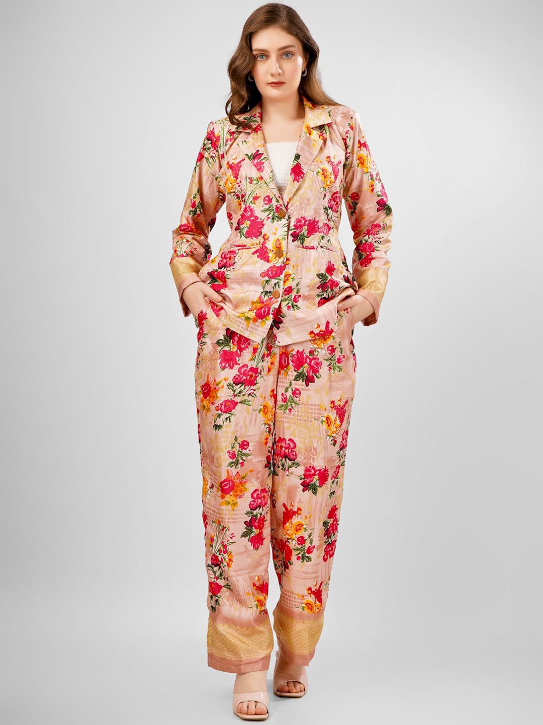 

SUNFAIRY Floral Printed Shirt Collar Neck Coat With Trousers Co-Ords, Peach