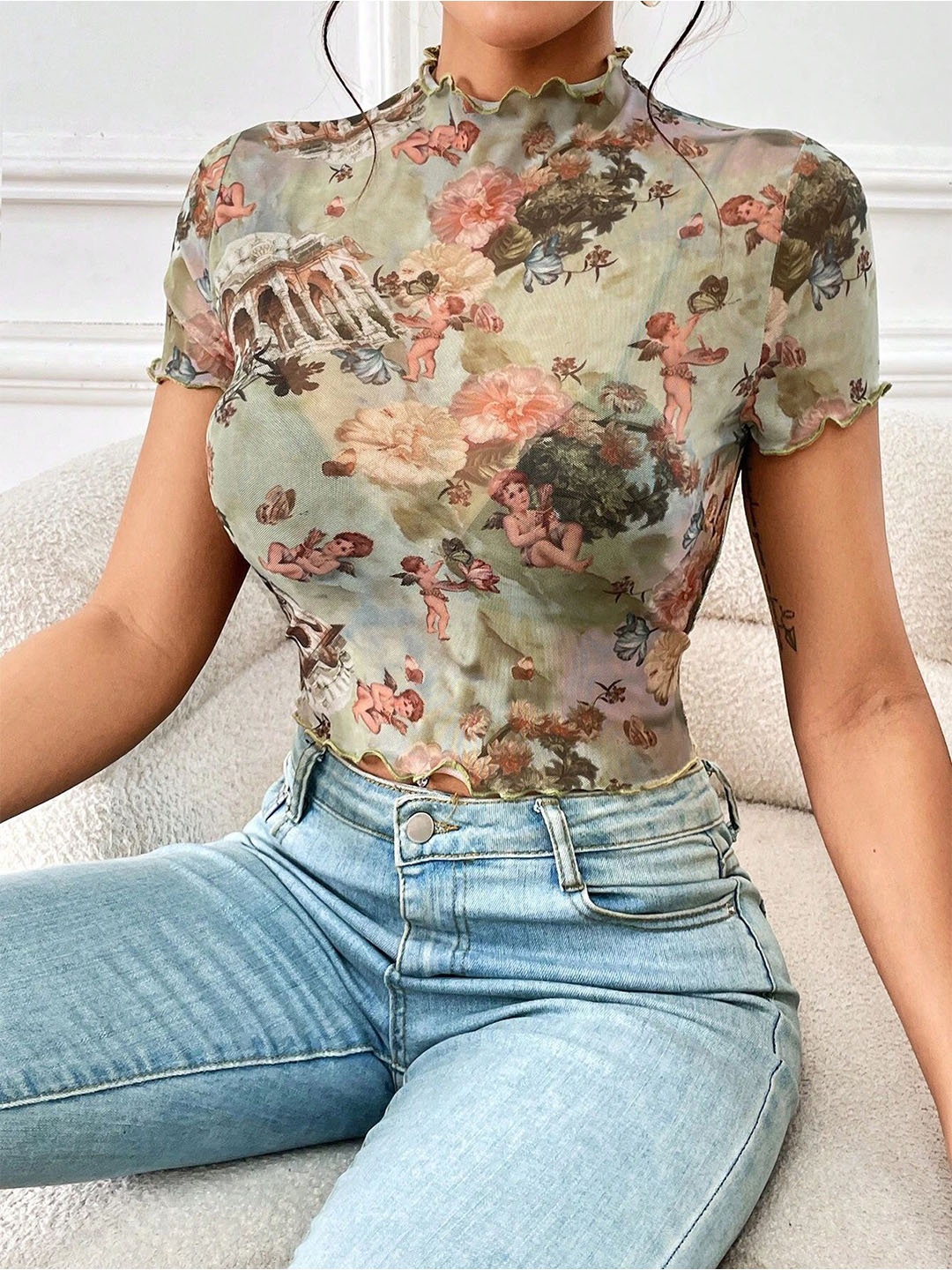 

HERE&NOW Floral Print Crop Top, Beige