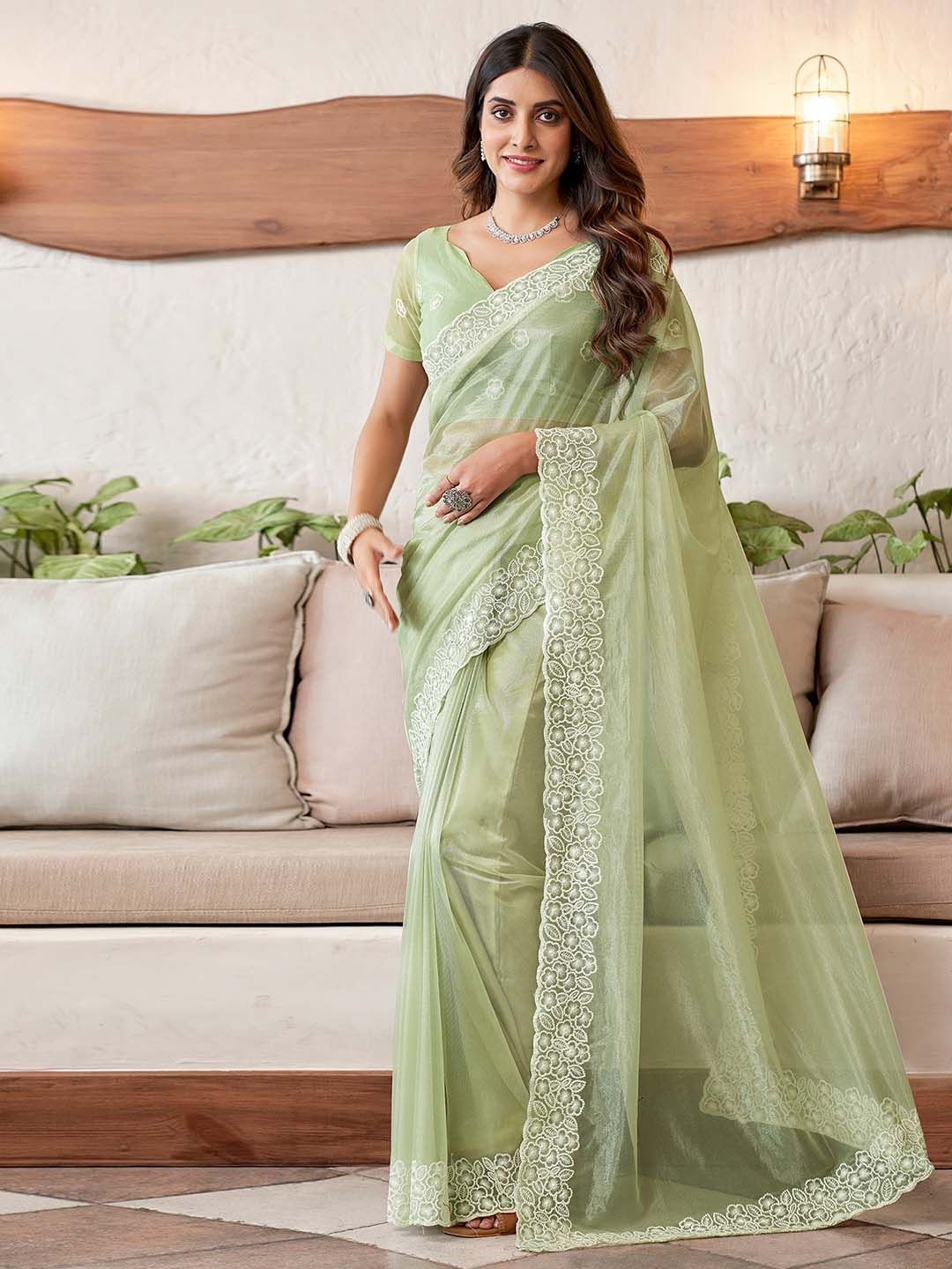 

DIVASTRI Embroidered Organza Saree, Lime green